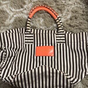 Henri Bendel Brown and White Striped Tote with Orange Handles